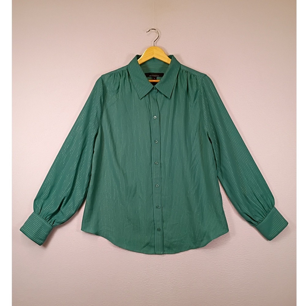 Holiday Metallic White House Black Market Womens Large Green Pinstripe Blouse